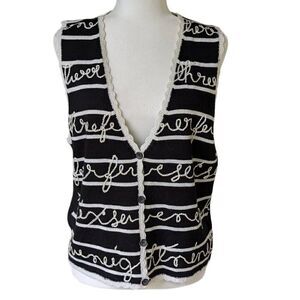 Vintage Koret Sweater Vest Size S Black Striped Crocheted Cursive Cottage Wool